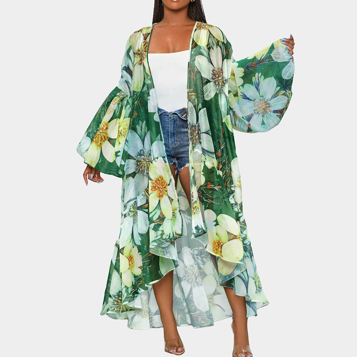 Floral print kimono tropical beach cardigan