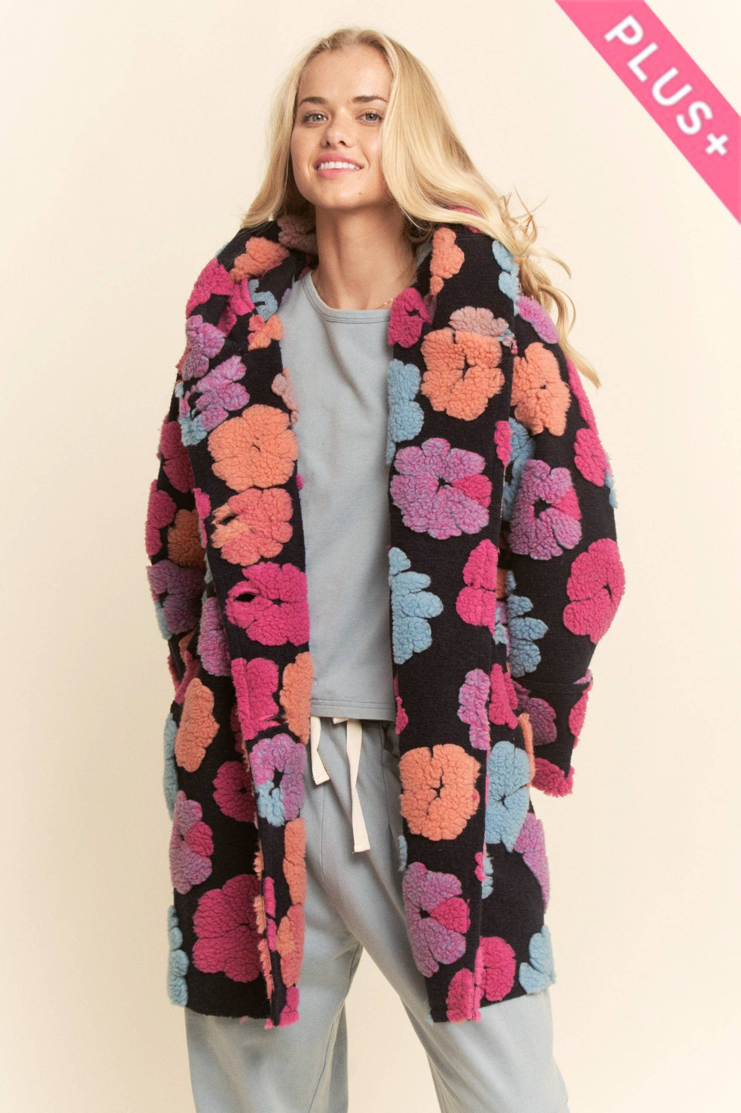 PLUS CHUNKY FLOWER EMBROIDERED HOODIE COAT JACKET