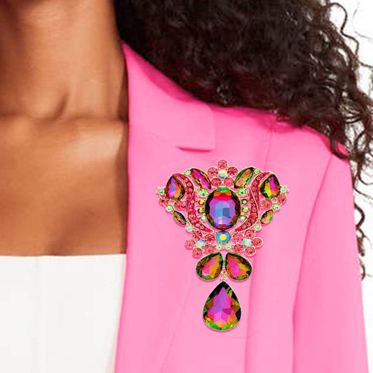 Brooch Pink Green Crystal Large Pin for Women