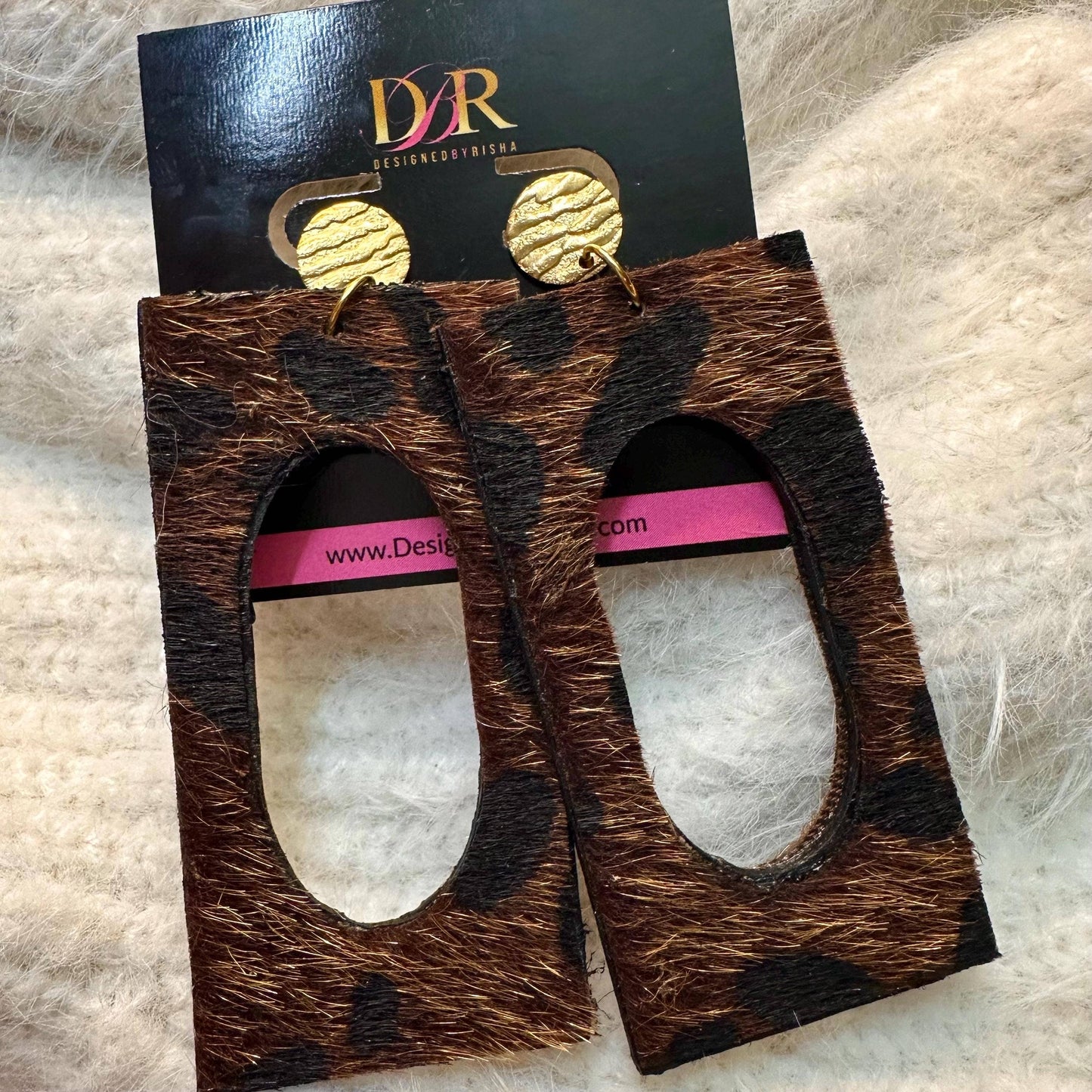 Brown Leopard Print Fur Earrings: Gold Wood Jewelry for Her