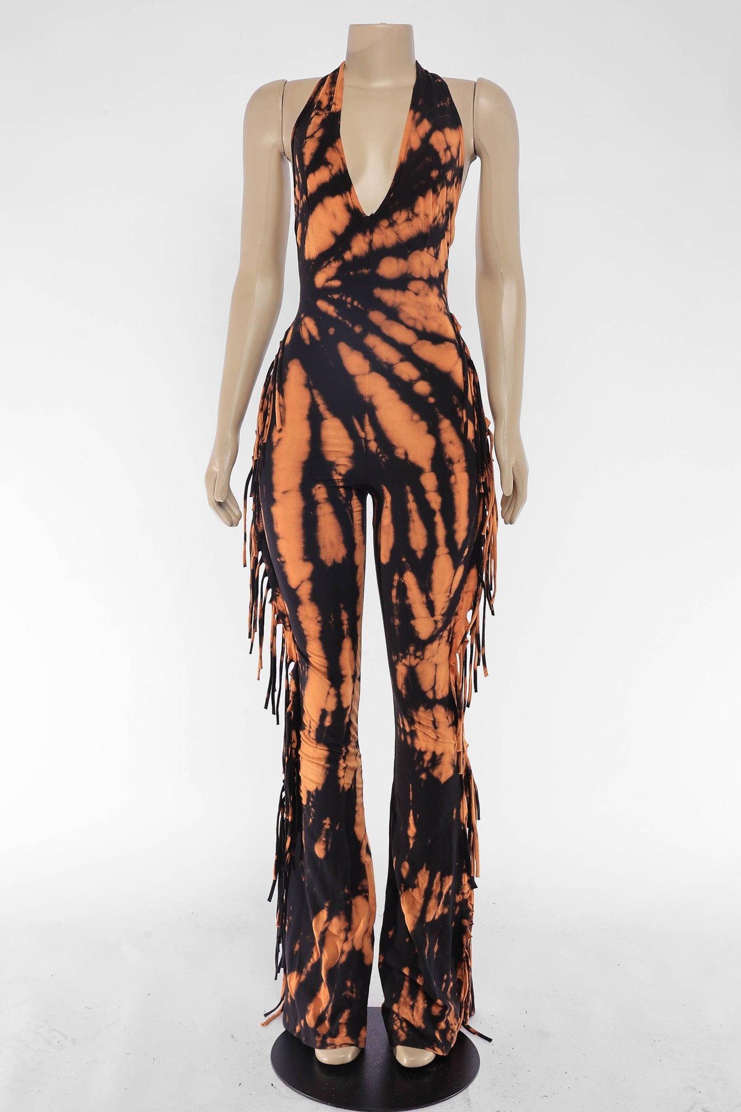 Tie dye fringed halter jumpsuit