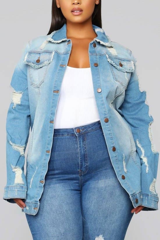 Plus Size Long Sleeve Medium Blue Vintage Washed Oversize Di