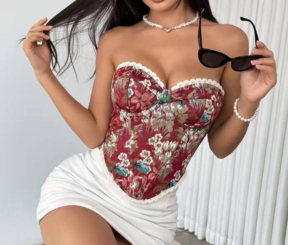 Retro Floral Lace-Up Corset Top for Trendy Street Style