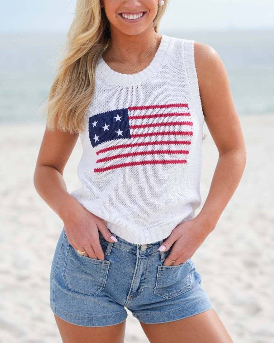 Crew Neck American Flag Knit Tank Top