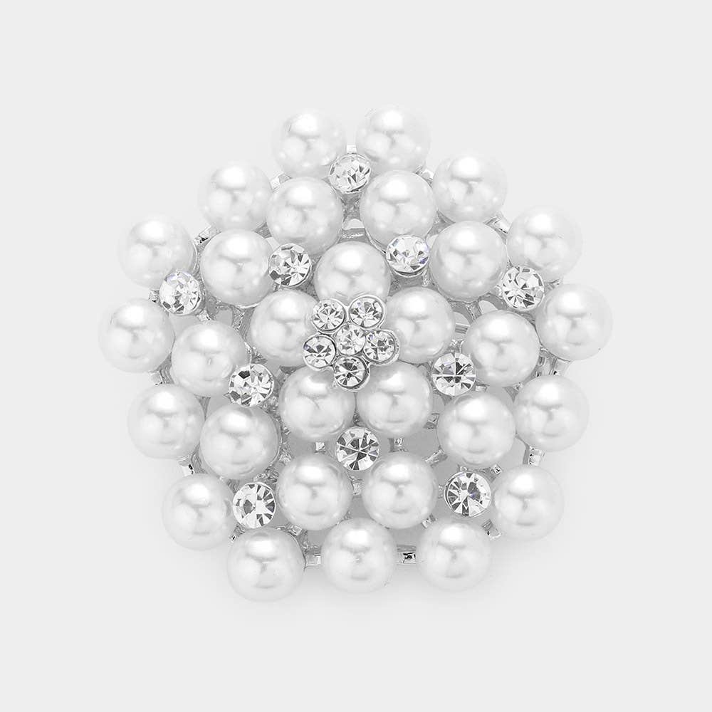 Floral Crystal Pearl Cluster Pin Brooch