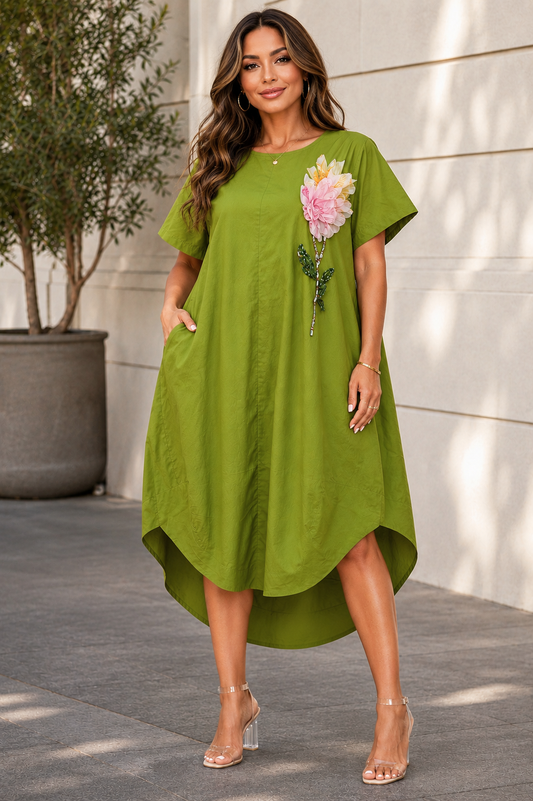 S3157  N by Nancy CRYSTAL APPLIQUE CURVED HEM MIDI DRESS
