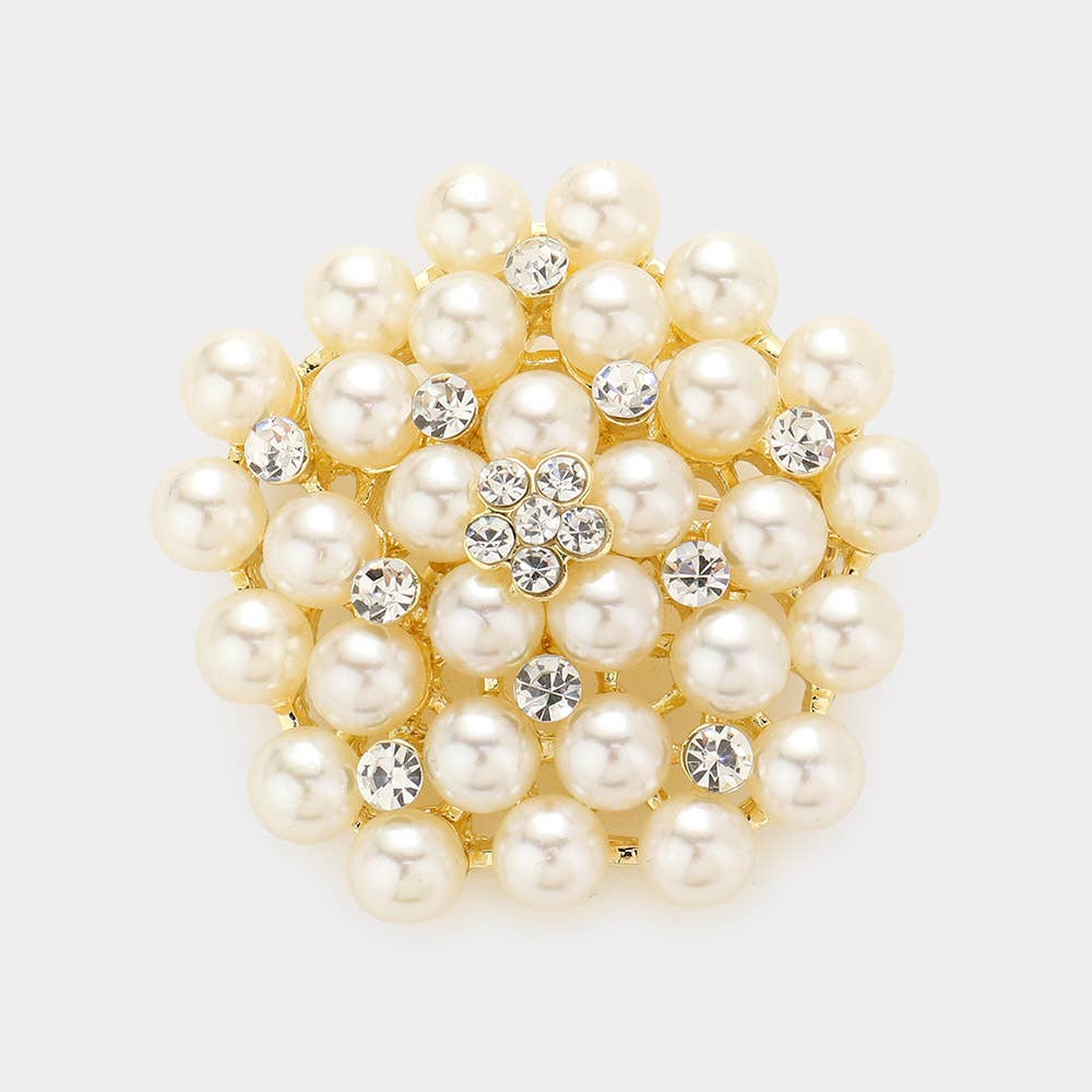 Floral Crystal Pearl Cluster Pin Brooch