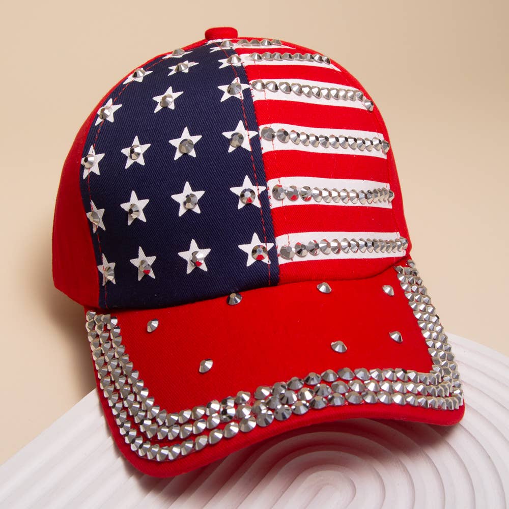 American Flag Hotfix Rhinestone Embellished Baseball Cap