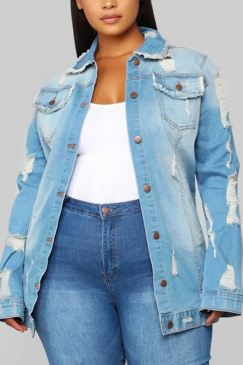 Plus Size Long Sleeve Medium Blue Vintage Washed Oversize Di