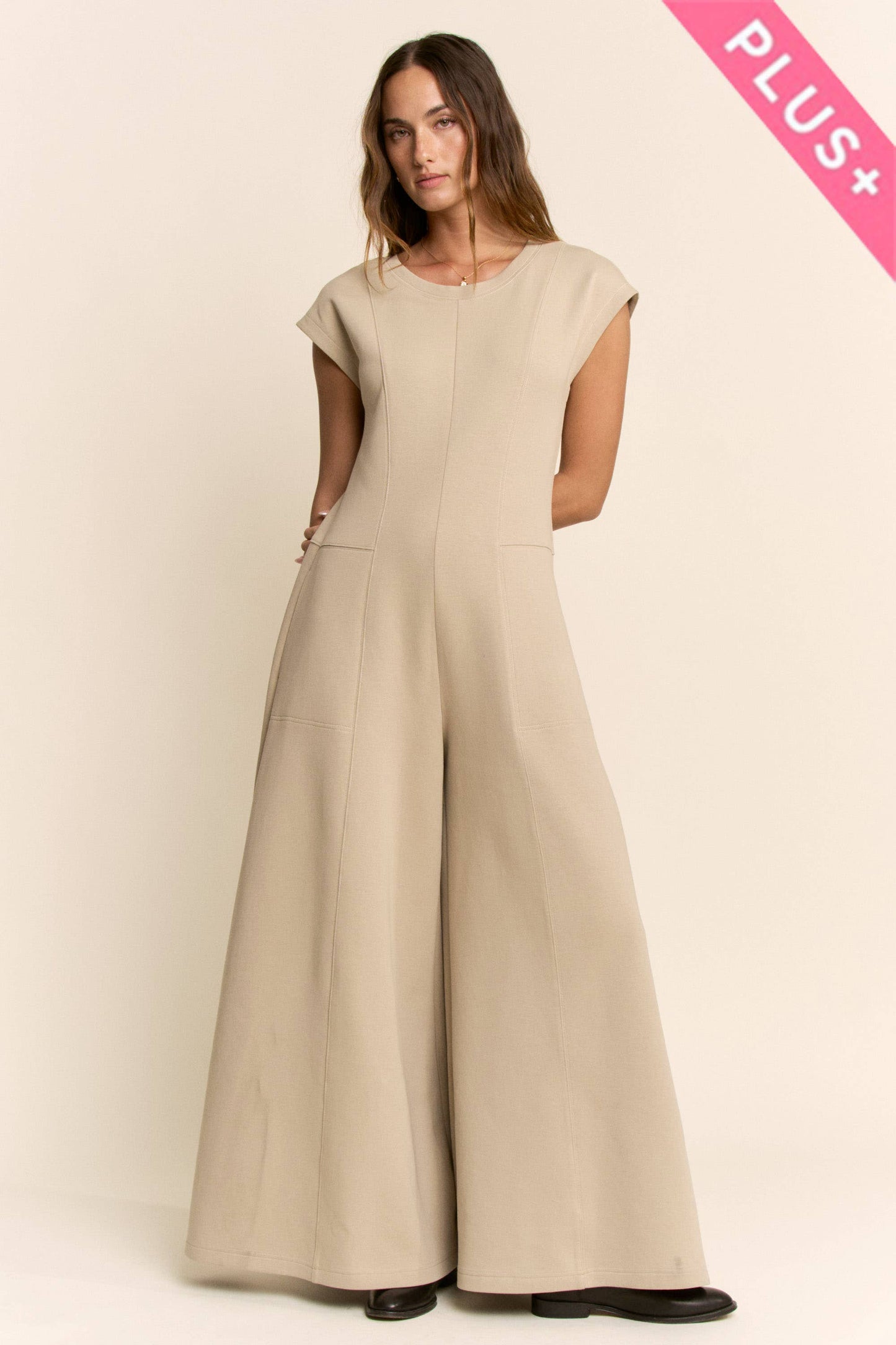 PLUS SOFT KNIT STITCHES WIDE LEG OPEN JUMPSUIT