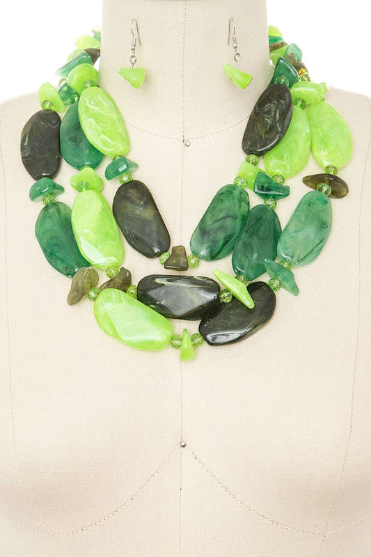 GreennTone Resin Pebble Layer Statement Necklace Set