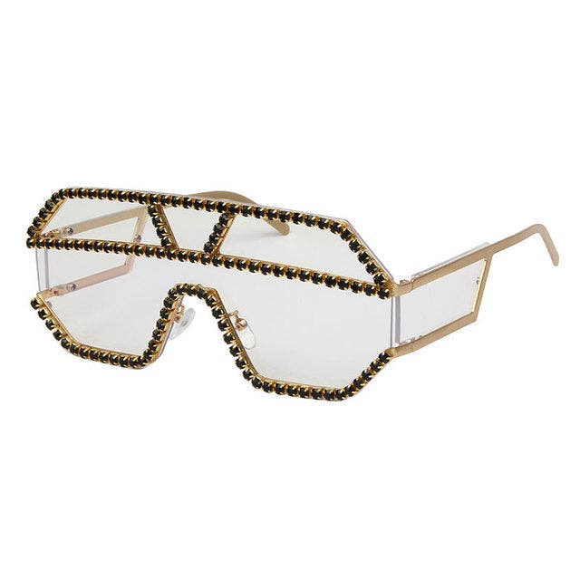 Geometric Large Frame Non-Polarized Sunglasses with Rhinestones
