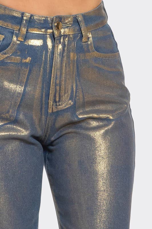 BCCPN44588 Metallic Shiny Gold Wide Jean - Sale