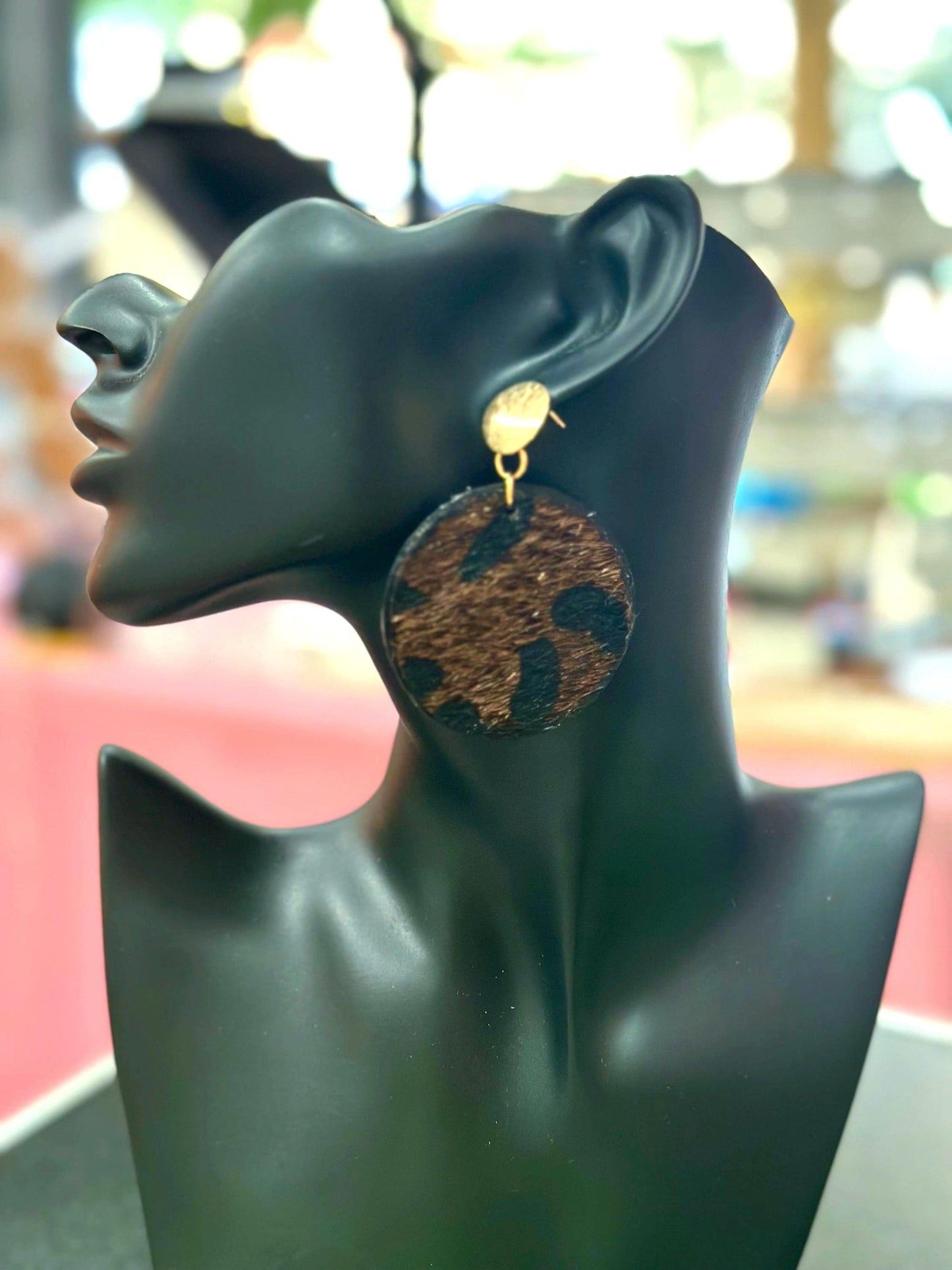 Cheetah Faux Fur Dangle Wood Earrings - Safari Jewelry