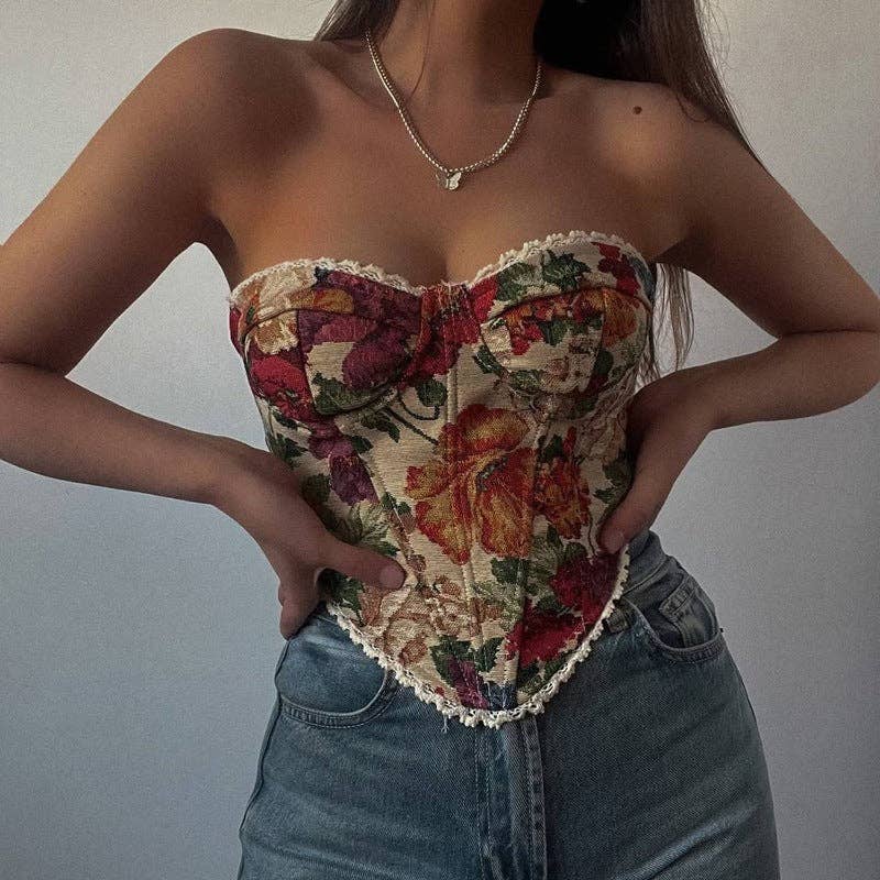 Retro Floral Lace-Up Corset Top for Trendy Street Style