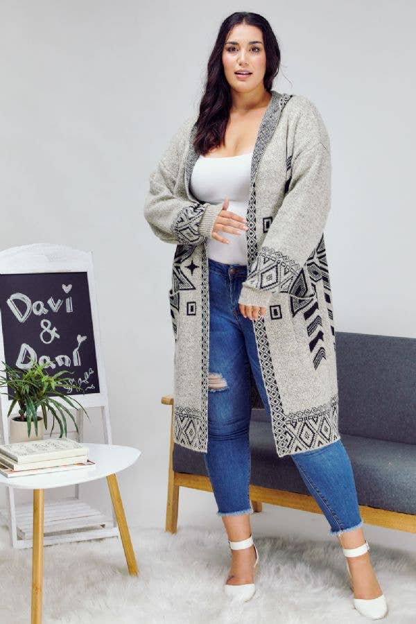 - PLUS SNOW PRINTED LONG SLEEVE POCKETS CARDIGAN PWJ14067