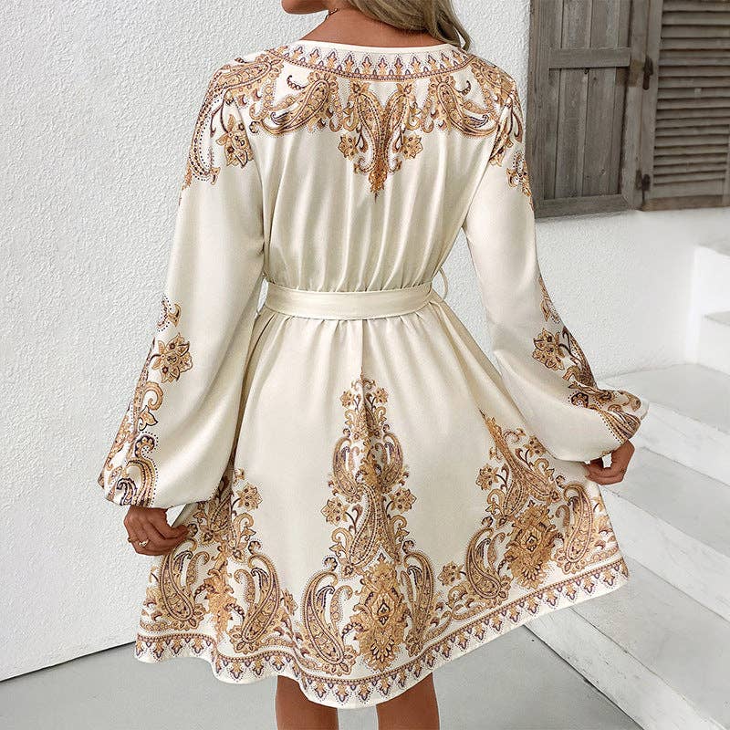 Elegant Vintage V-Neck Paisley Print Dress for Women