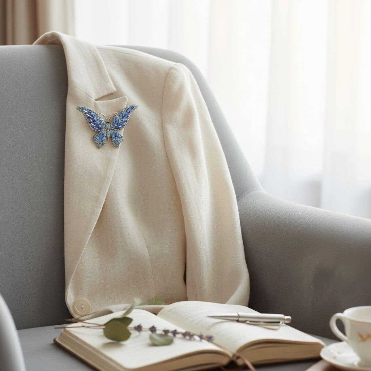 Brooch Light Blue Stone Butterfly Silver Brooch