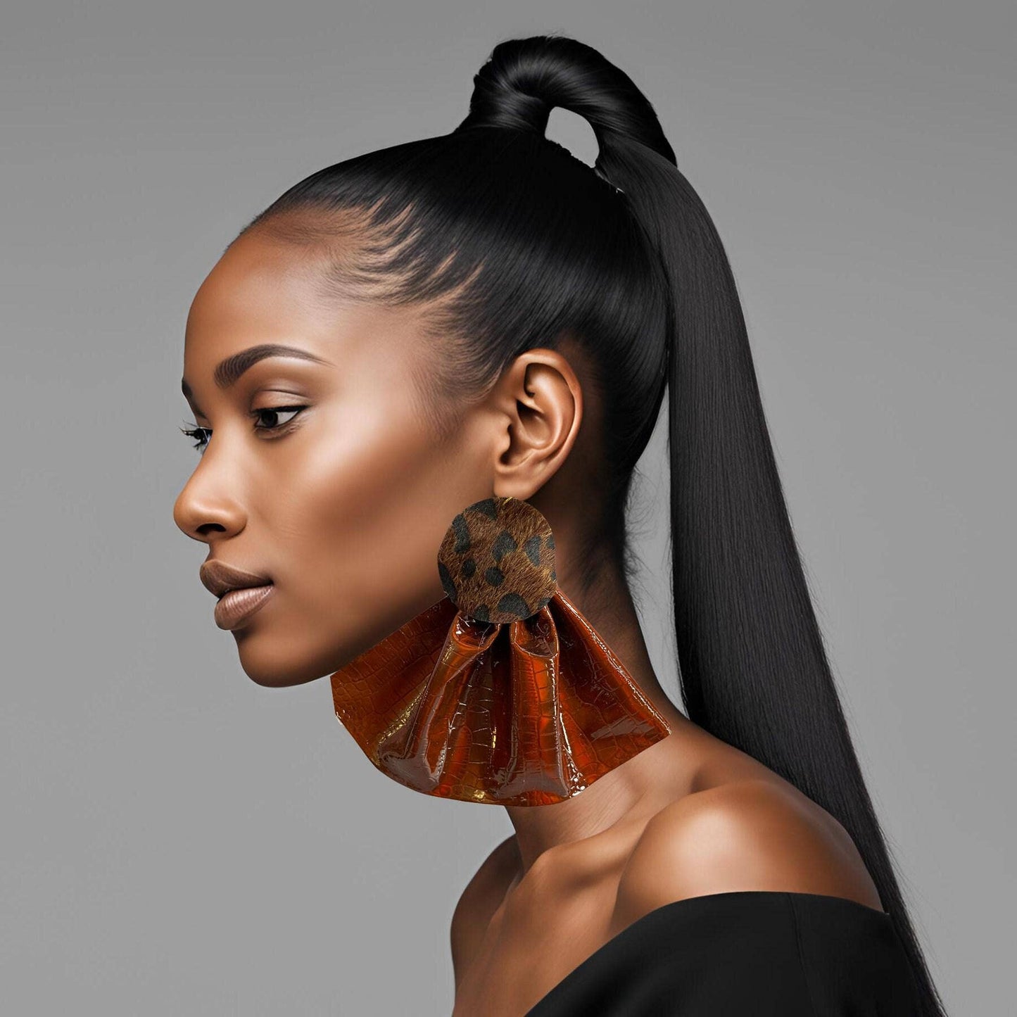 Brown Croc & Leopard Leather Bold Statement Earrings