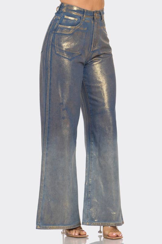 BCCPN44588 Metallic Shiny Gold Wide Jean - Sale