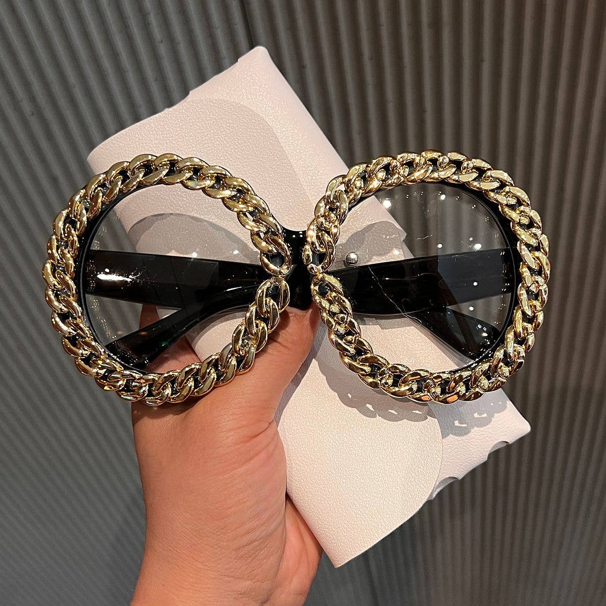 Bold Round Frame Blue Light Blocking Glasses with Chain
