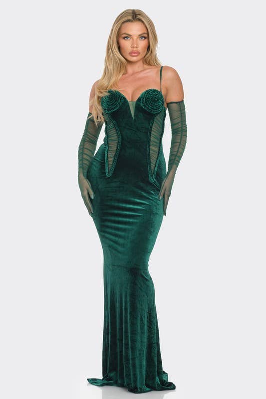 BCCD12964  Green Velvet Braided Rope Maxi Dress - Sale