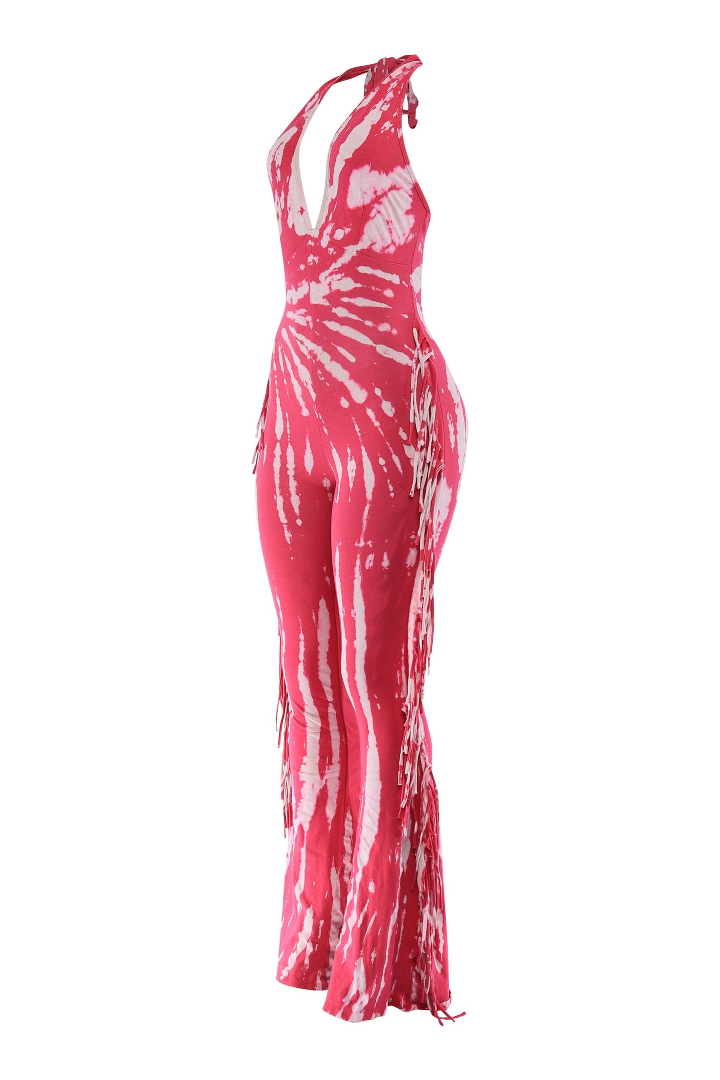 Tie dye fringed halter jumpsuit
