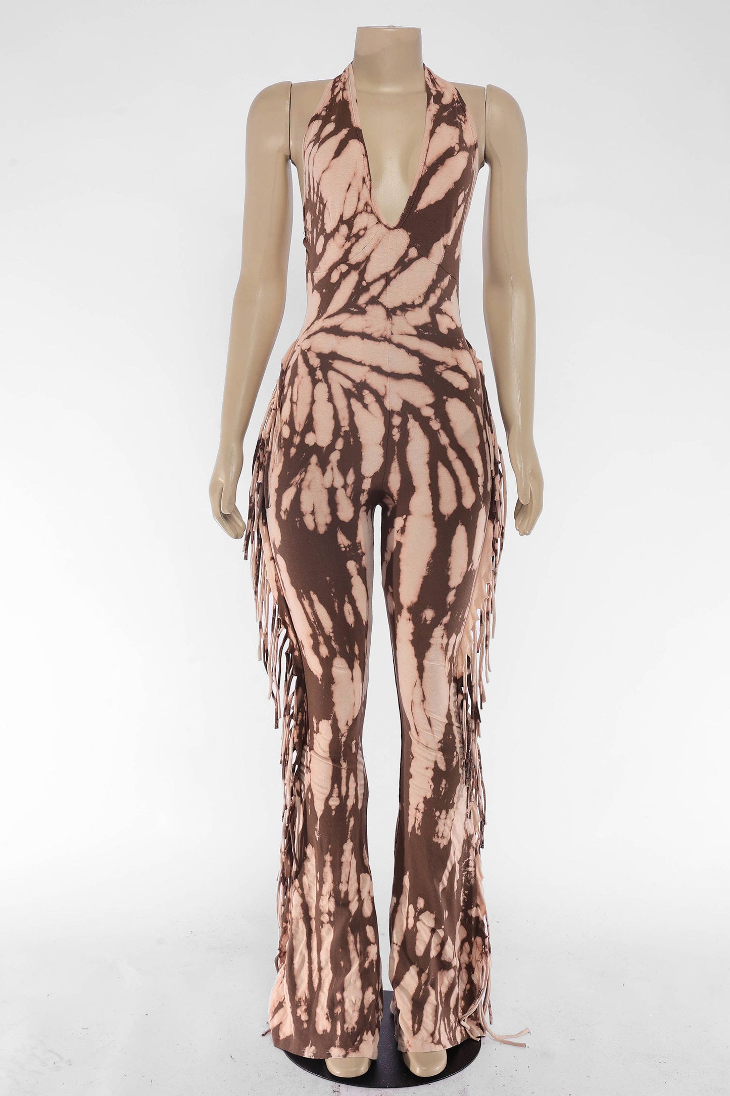 Tie dye fringed halter jumpsuit