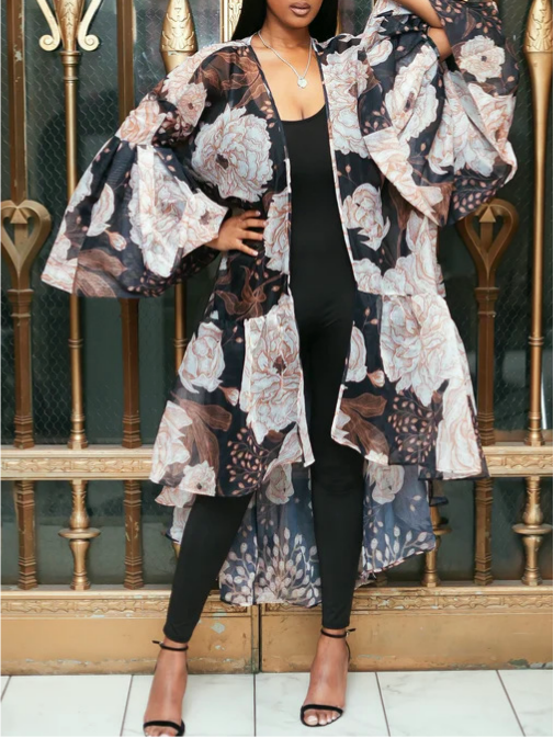 Floral print kimono tropical beach cardigan