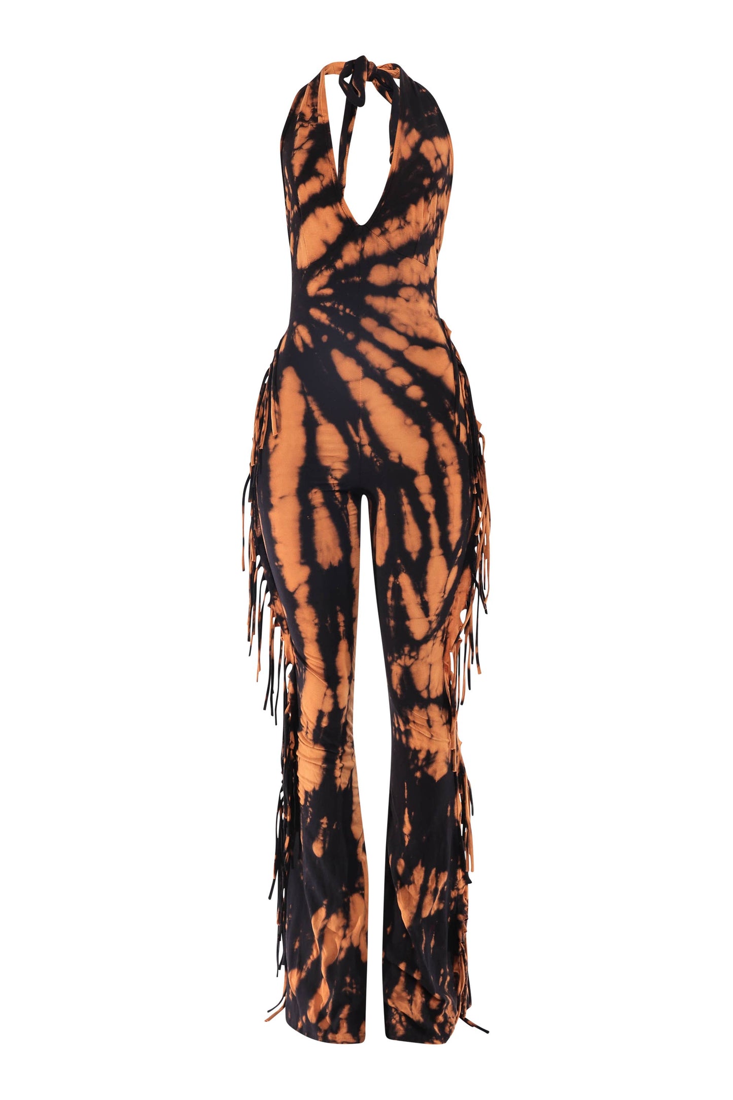 Tie dye fringed halter jumpsuit