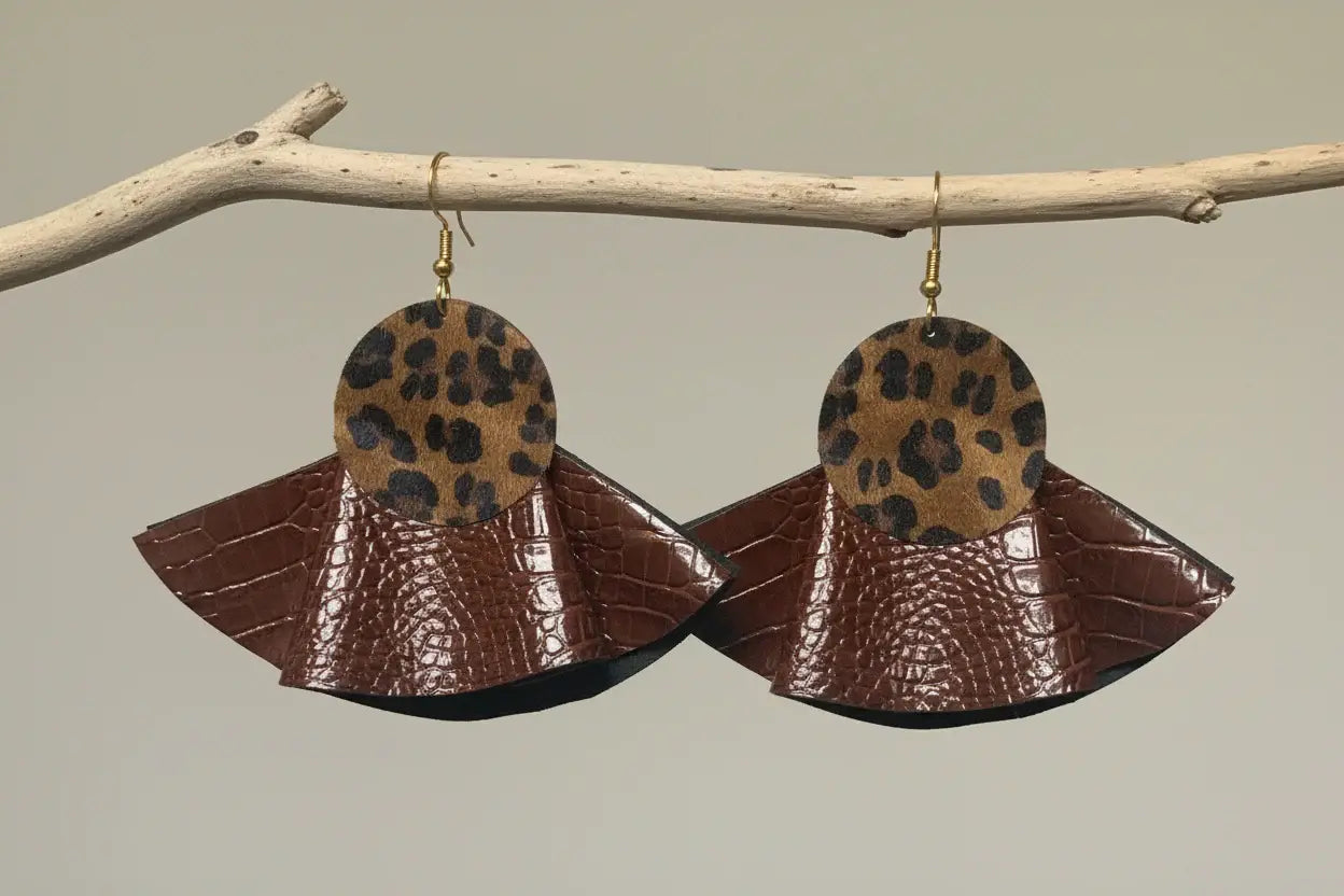 Brown Croc & Leopard Leather Bold Statement Earrings