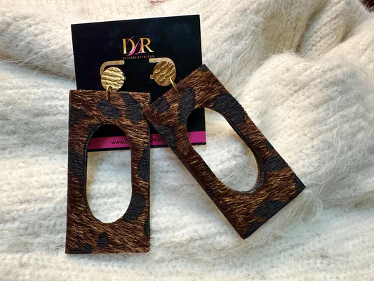 Brown Leopard Print Fur Earrings: Gold Wood Jewelry for Her