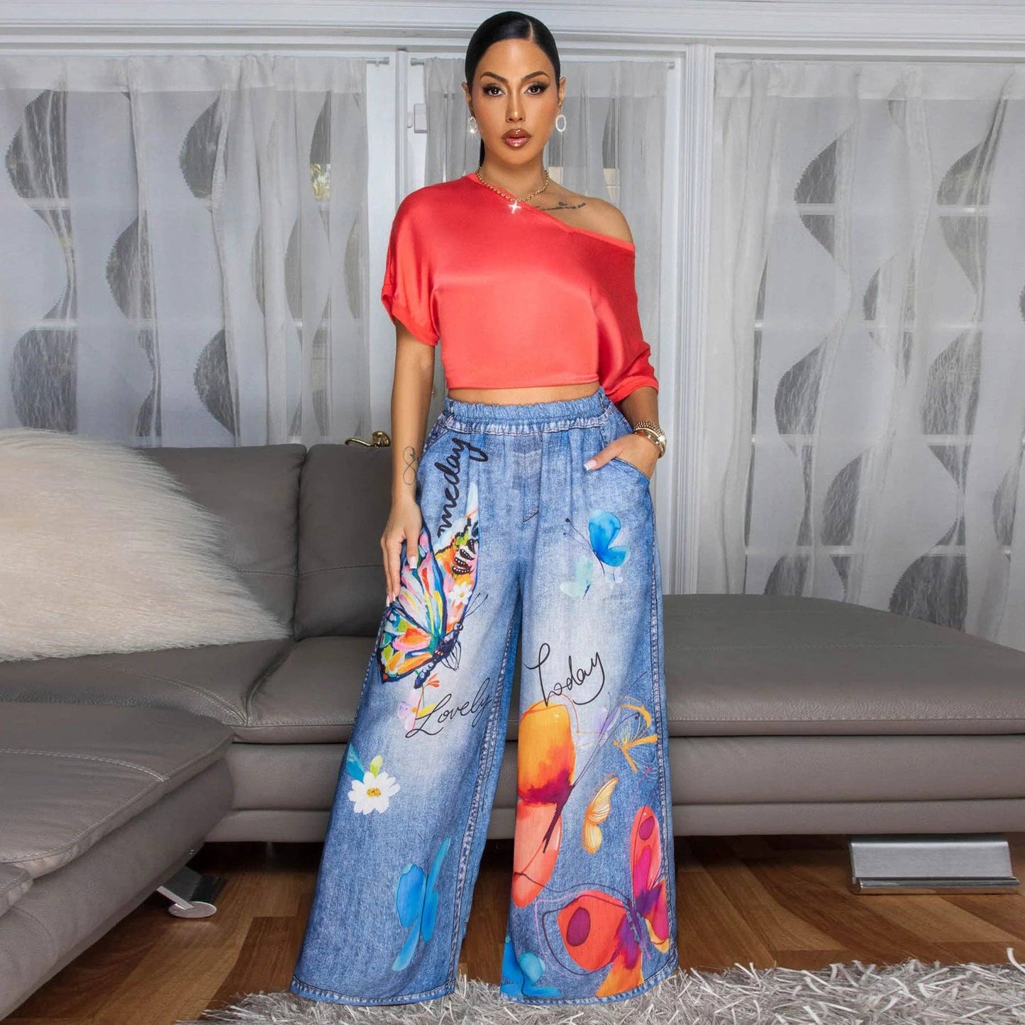 Printed Wide Leg Casual Pants