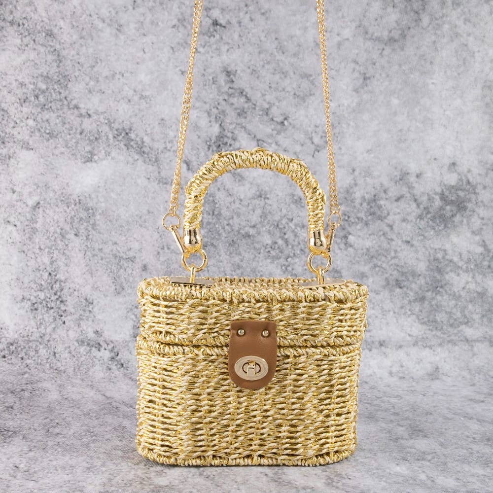 Metallic Woven Straw Top Handle Box Bag
