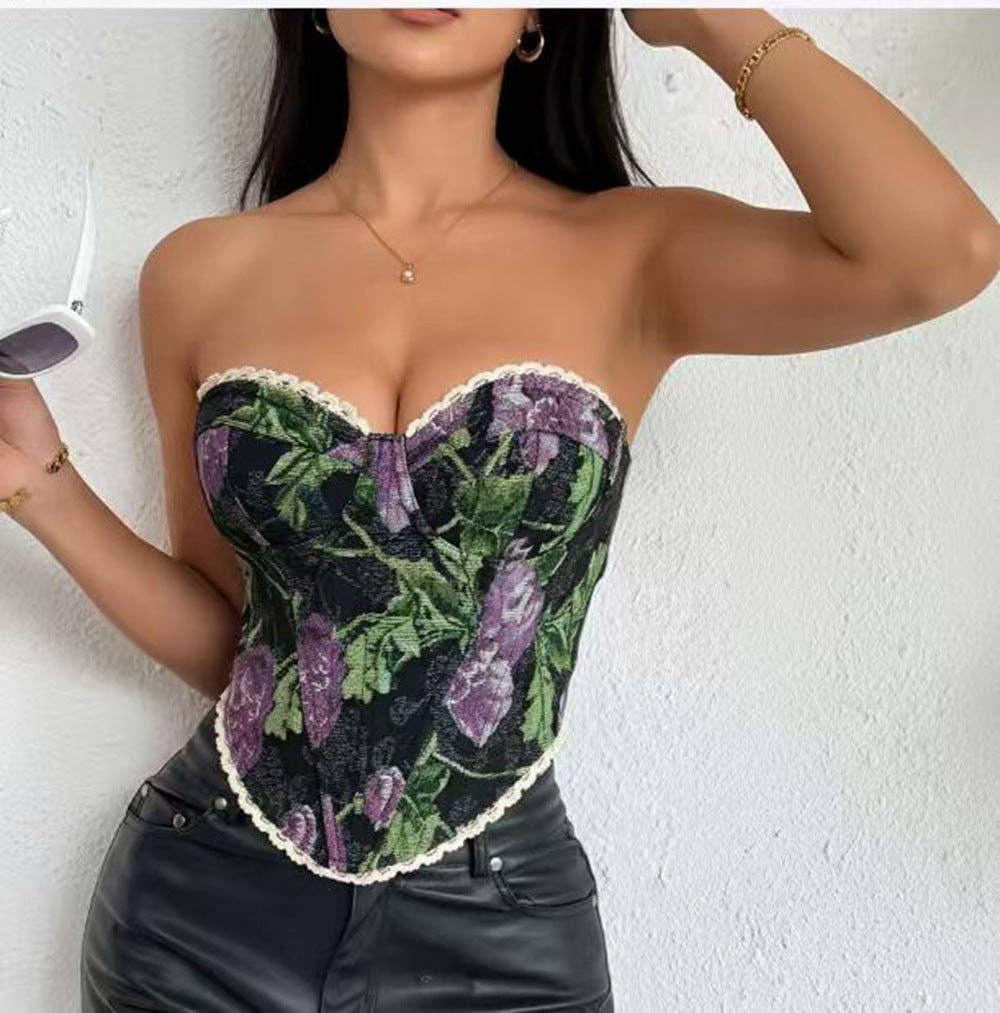 Retro Floral Lace-Up Corset Top for Trendy Street Style