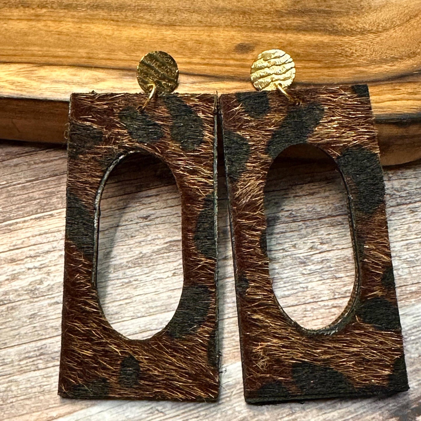 Brown Leopard Print Fur Earrings: Gold Wood Jewelry for Her