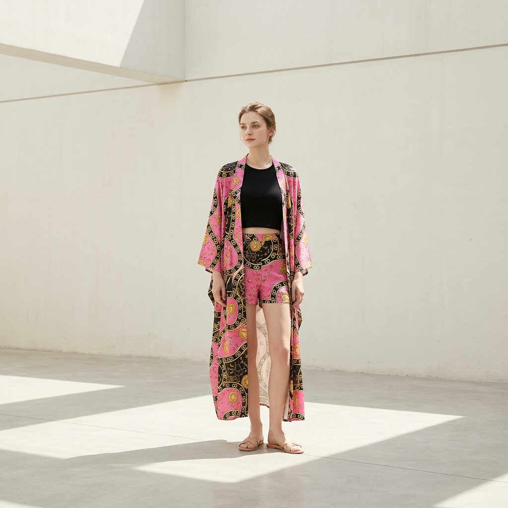 European-Inspired Cardigan Print Two-Piece Set