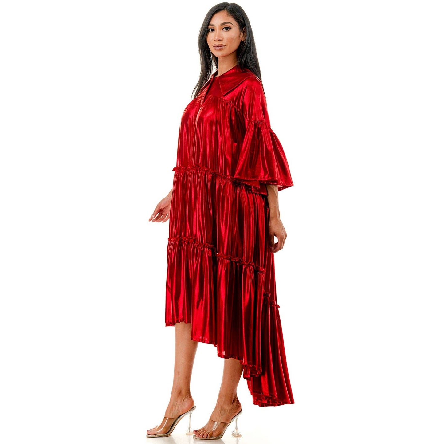 Red Metallic Pleated Tiered Flare Midi Dress 3XL only