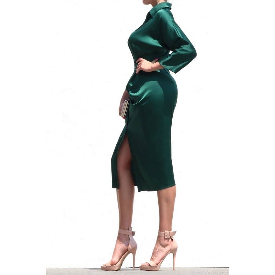 BUTTON DOWN SATIN DRESS WITH WAIST TIE DETAIL