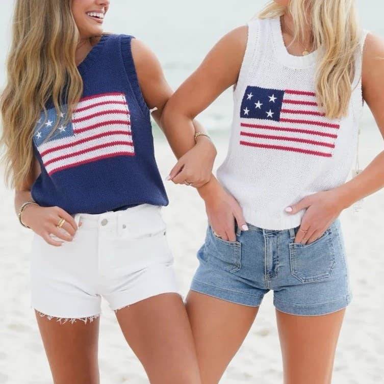 Crew Neck American Flag Knit Tank Top