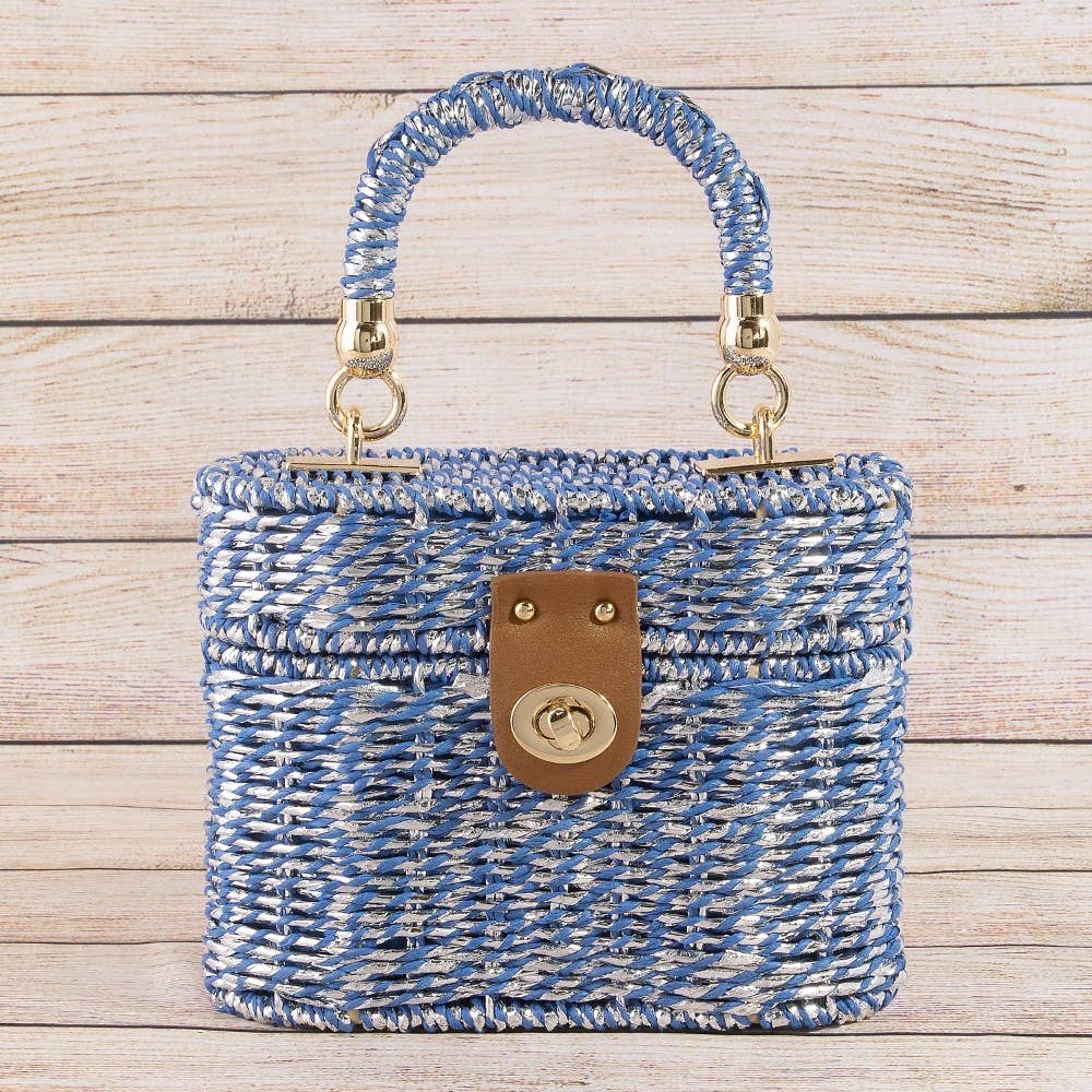 Metallic Woven Straw Top Handle Box Bag