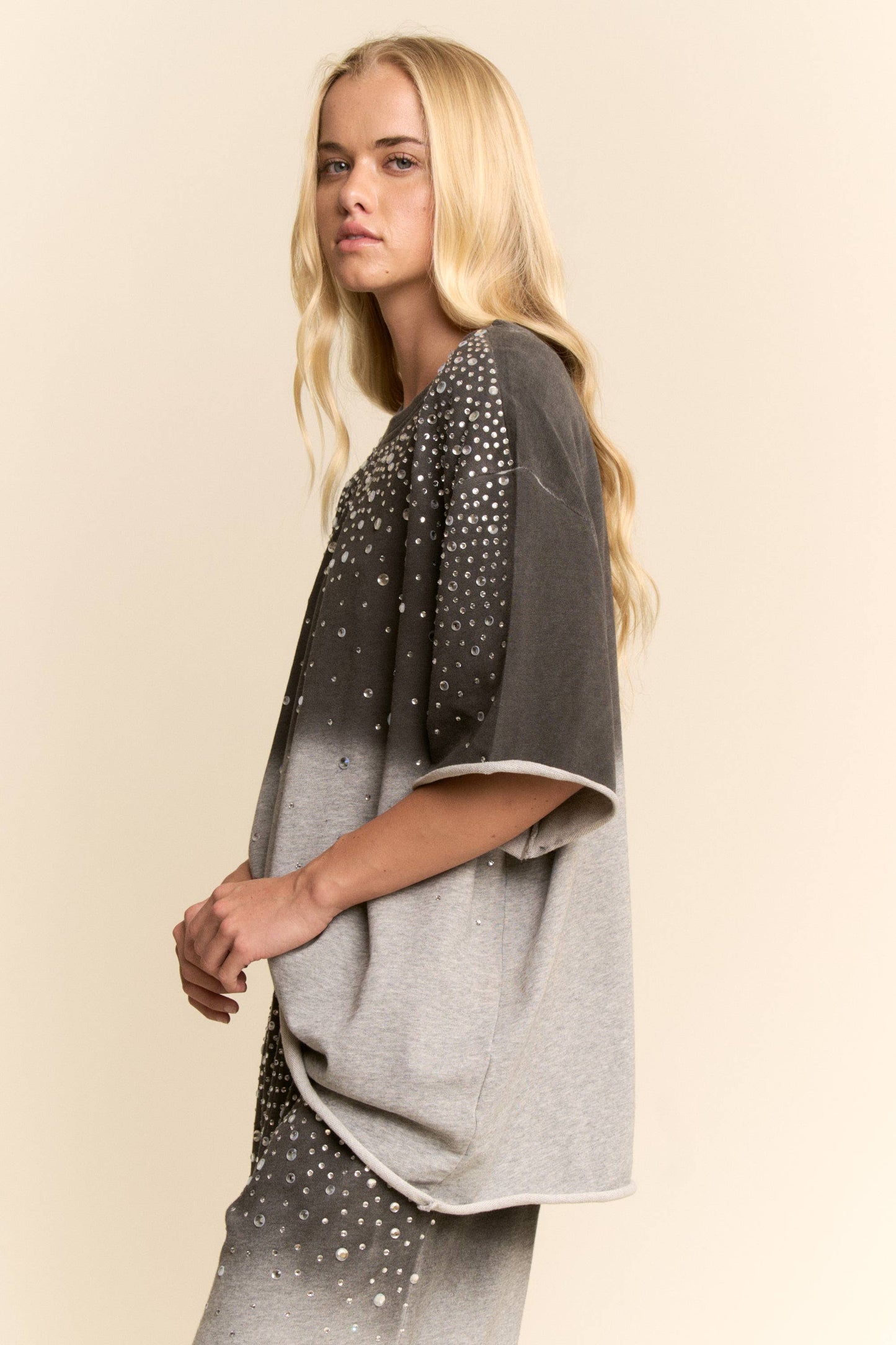 Grey RHINESTONE OMBRE SWEATSHIRT AND SHORTS SET