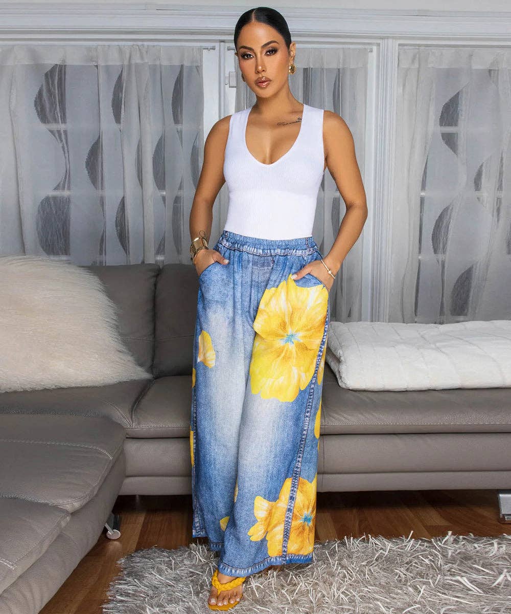 Printed Wide Leg Casual Pants