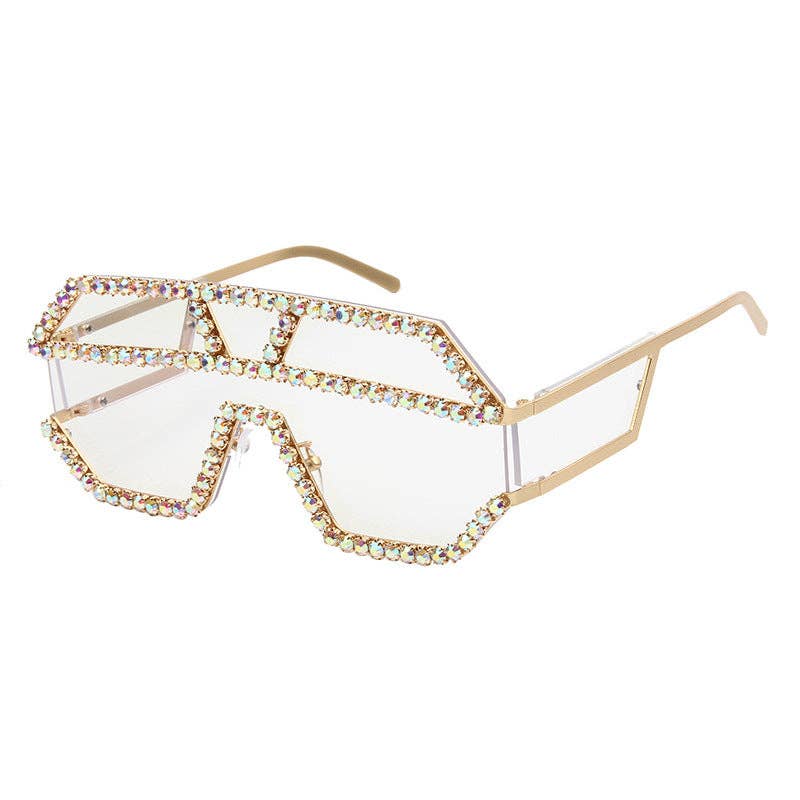 Geometric Large Frame Non-Polarized Sunglasses with Rhinestones