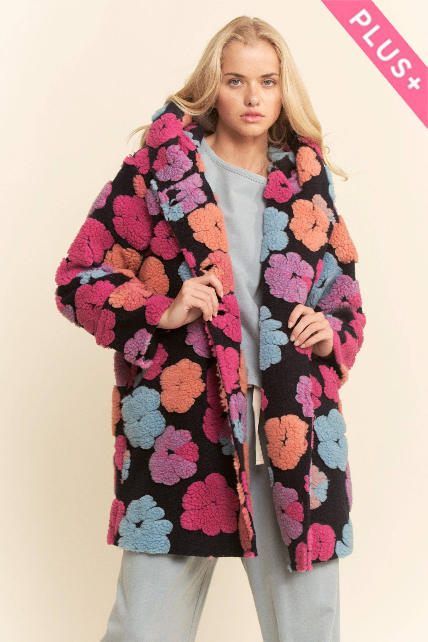 PLUS CHUNKY FLOWER EMBROIDERED HOODIE COAT JACKET