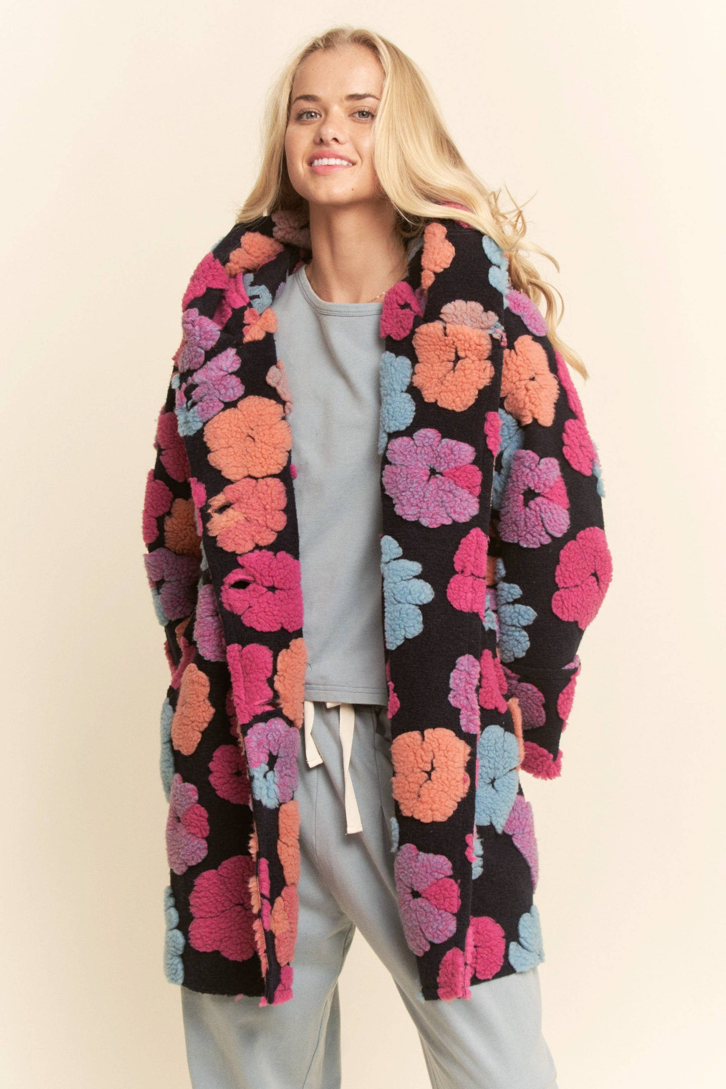CHUNKY FLOWER EMBROIDERED HOODIE COAT JACKET