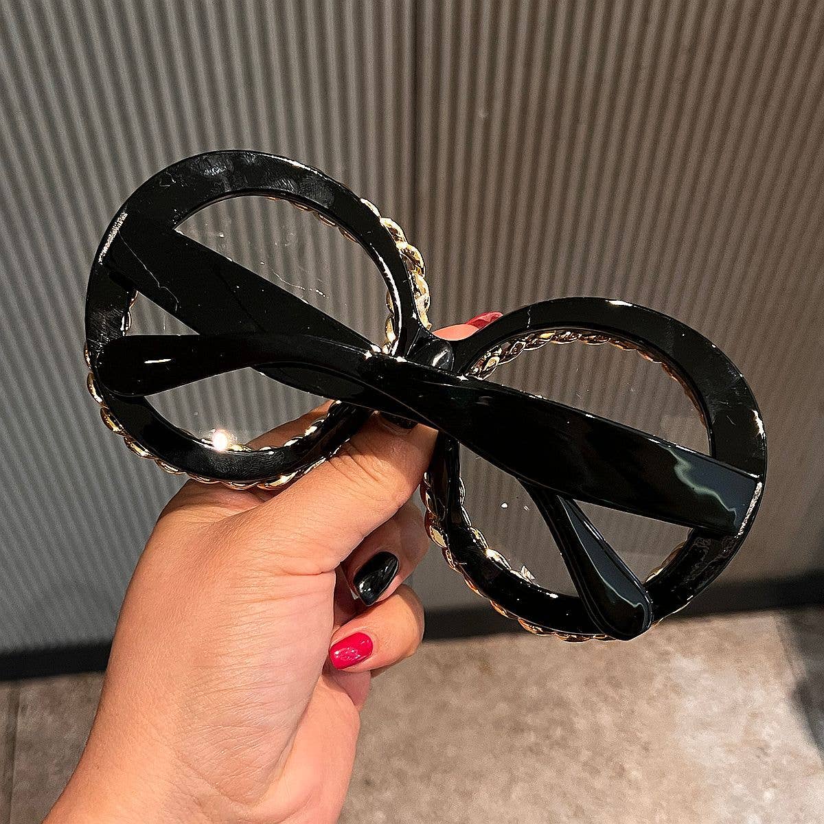 Bold Round Frame Blue Light Blocking Glasses with Chain