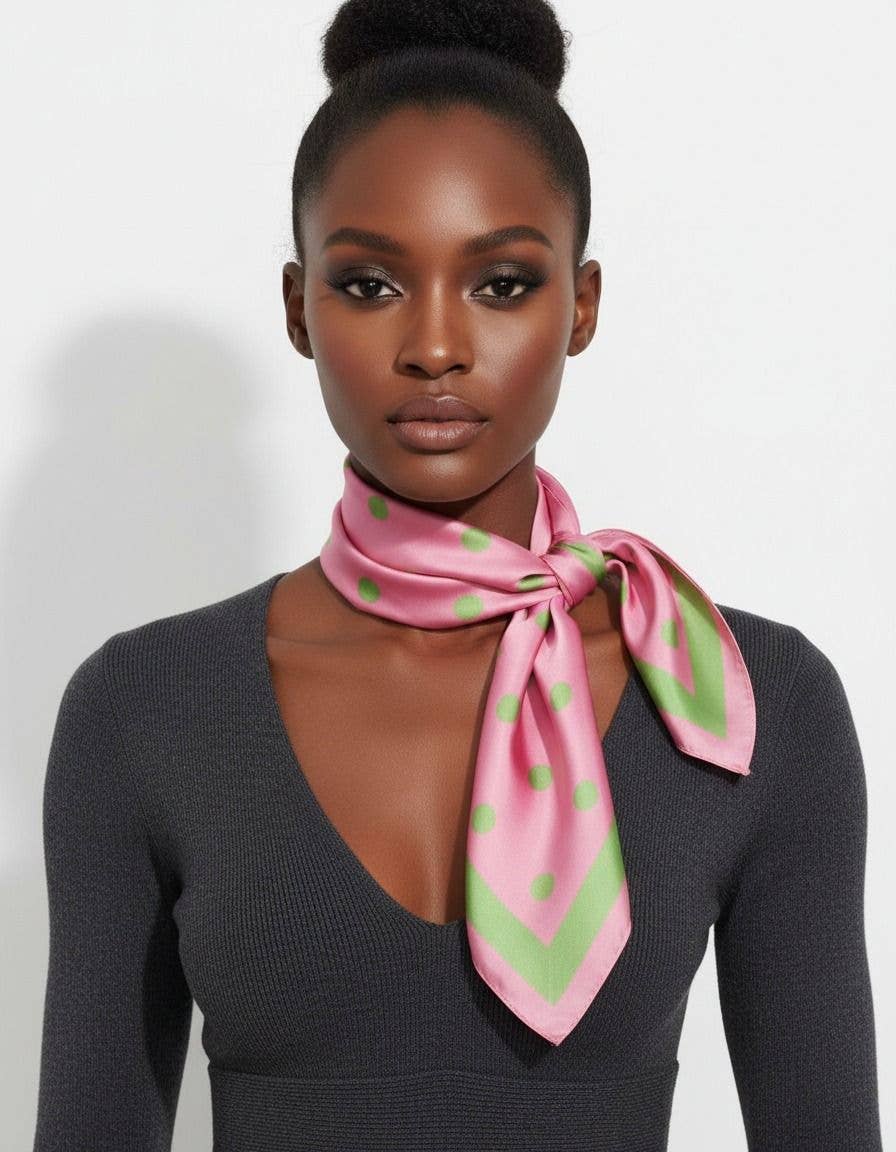 large Pink and Green Polka Dot Silky Square Scarf