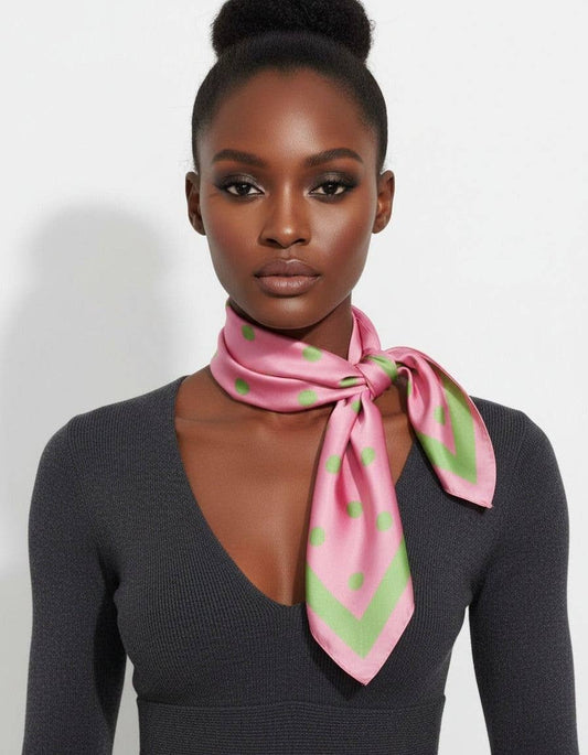 large Pink and Green Polka Dot Silky Square Scarf