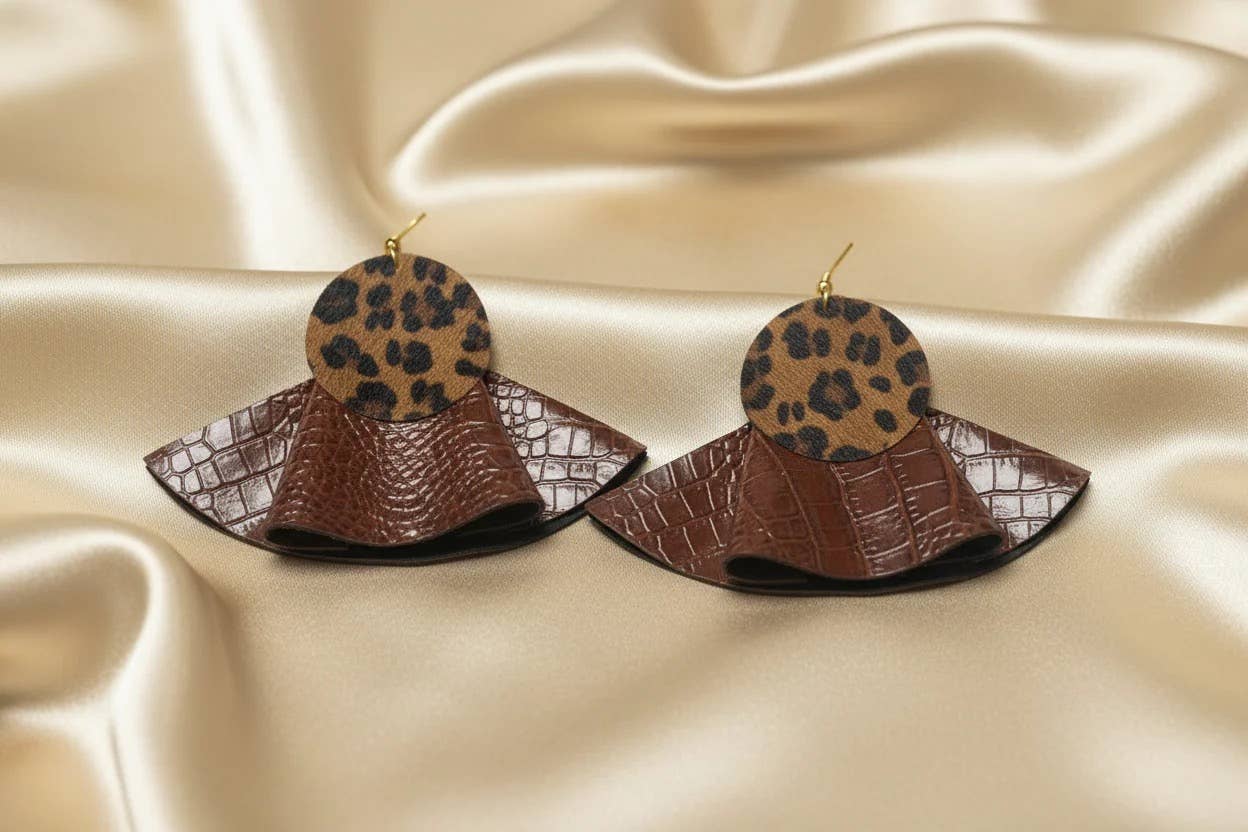 Brown Croc & Leopard Leather Bold Statement Earrings